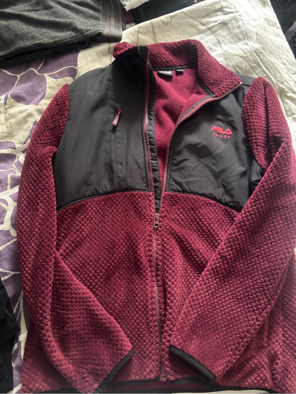 Fila Women's Burgundy and Black Teddy Fleece Jacket